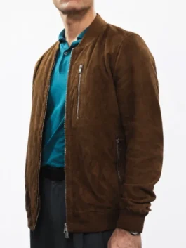 Berlin Pedro Alonso Brown Jacket front view with brown suede leather, zipper closure, and chest pocket detail
