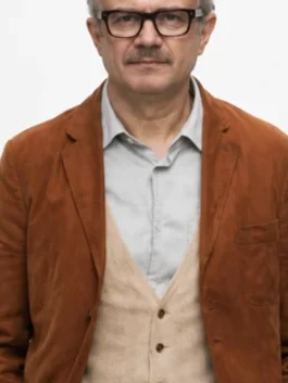Berlin Tristan Ulloa Brown Blazer front view with brown suede, lapel collar, button closure, and pocket detail