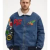 Front view of Dragon Ball x BREEZE Denim Boa Jacket with sherpa collar and anime patch graphics