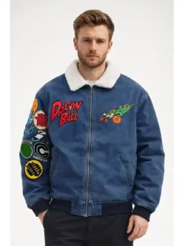 Front view of Dragon Ball x BREEZE Denim Boa Jacket with sherpa collar and anime patch graphics