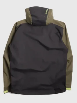 Back view of the Arirang Suga Stanford Stadium Jacket, highlighting the structured cotton drape and olive green panels.