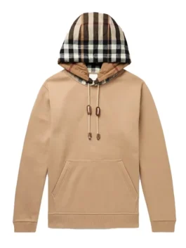 Burberry Hoodie in beige fleece with soft lining, hooded collar, kangaroo pocket, and rib knitted cuffs