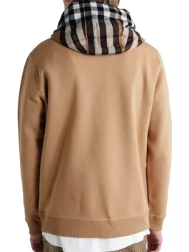 Burberry Hoodie with beige fleece body, checked hood design, kangaroo pocket, and rib knitted hem