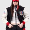 Front view of the Caitlin Clark Indianapolis Racing Jacket, highlighting the snap tab buttons and sharp black and white panels.