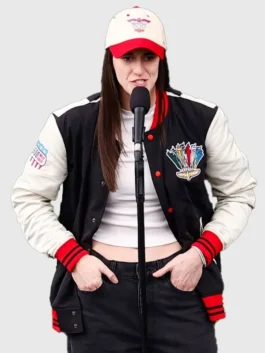 Front view of the Caitlin Clark Indianapolis Racing Jacket, highlighting the snap tab buttons and sharp black and white panels.