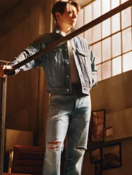Jung Kook Calvin Klein Denim Jacket with classic denim texture, smart trucker fit, and button front