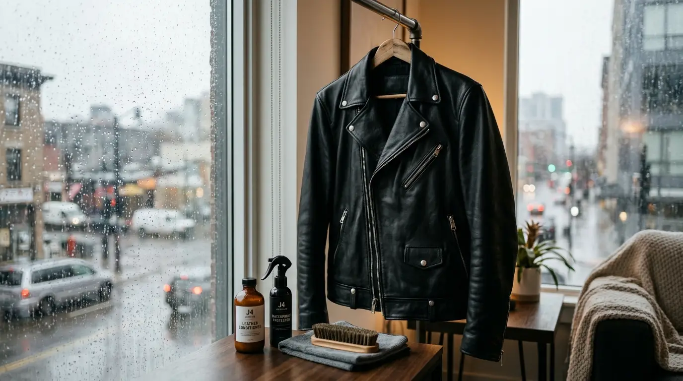 Black leather jacket hanging near a rainy window with leather conditioner, waterproof spray, cloth and brush