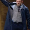 Charlie Hunnam The Gentlemen Coat with dark blue cotton texture, full sleeves, and sharp formal styling