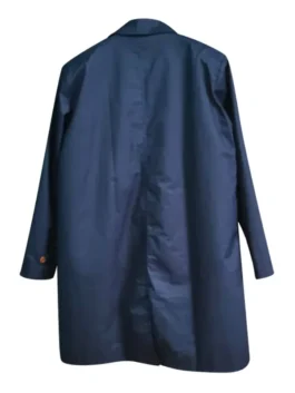 Charlie Hunnam The Gentlemen Coat back view with dark blue cotton and clean rear trench coat styling