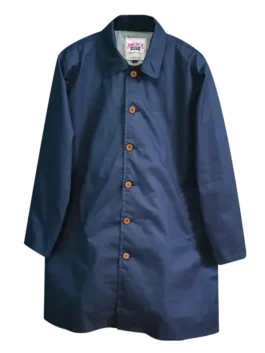 Charlie Hunnam The Gentlemen Coat front view in dark blue cotton with button closure and neat collar