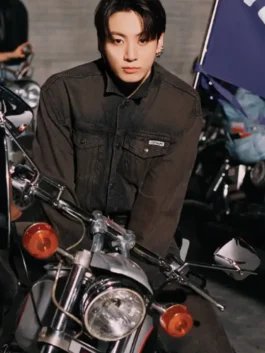 Jung Kook Calvin Klein Denim Jacket with denim trucker style, shirt collar, and clean button front