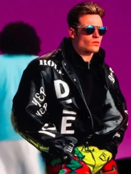 Cool as Ice Jacket in black leather with stand-up collar, button closure, and classic movie bomber style