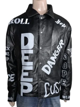 Cool as Ice Jacket front view with black leather, button closure, stand-up collar, and side pockets