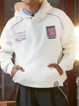 Disney x Formula 1 Mickey Mouse Hoodie with off-white fleece, Mickey Mouse design, and sporty streetwear style