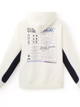 Disney x Formula 1 Mickey Mouse Hoodie back view with off-white fleece and bold Mickey racing artwork