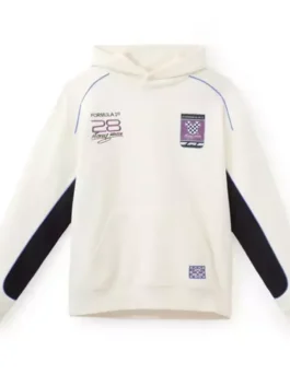 Disney x Formula 1 Mickey Mouse Hoodie front view in off-white fleece with Mickey graphic and racing style