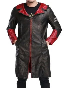 Gaming-inspired Dante black leather trench coat with red inner lining and front zipper closure