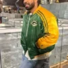 Drake Iceman Packers Green Bay Jacket with satin shine, green and yellow color, and relaxed game-day style