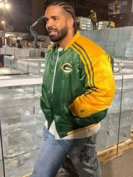 Drake Iceman Packers Green Bay Jacket with satin shine, green and yellow color, and relaxed game-day style