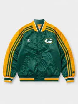 Drake Iceman Packers Green Bay Jacket front view with snap closure, satin body, and ribbed collar