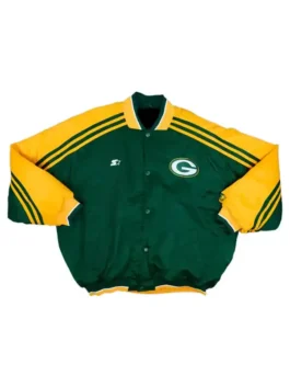Drake Iceman Packers Green Bay Jacket in green and yellow satin with ribbed varsity-style finish
