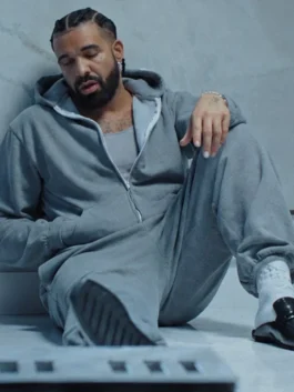 Drake Janice STFU Tracksuit with grey fleece texture, hooded collar, and easy full-sleeve design