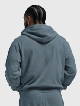 Drake Janice STFU Tracksuit back view with smooth grey fleece, hooded rear shape, and ribbed hem