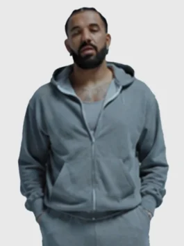Drake Janice STFU Tracksuit front view with grey fleece, hooded collar, and clean zipper styling