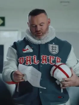 Front look at the grey and white World Cup Wayne Rooney England Jacket with warm wool fabric and smooth leather sleeves.