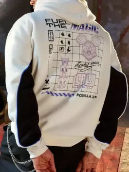 Disney x Formula 1 Mickey Mouse Hoodie in off-white fleece with racing graphic and relaxed pullover fit