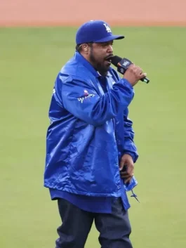 Ice Cube Los Angeles Dodgers Jacket in blue satin with snap front and clean game-day styling
