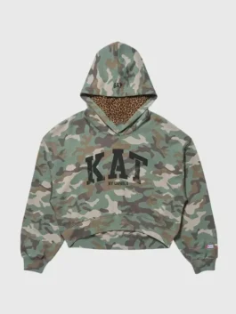 Gap Katseye Daniela Hoodie in camo fleece with hooded collar, pullover closure, rib hem, and soft inner lining