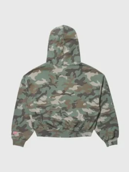 Gap Katseye Daniela Hoodie back view showing camo fleece finish, relaxed hood shape, and rib knitted hem