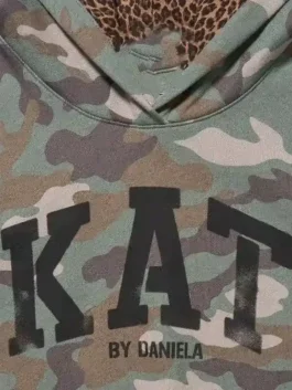 Gap Katseye Daniela Hoodie camo design with fleece material, soft lining, hooded collar, and rib knitted cuffs