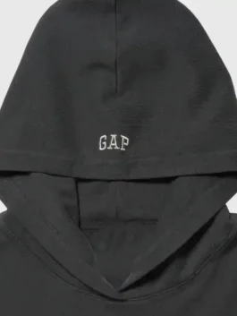 Gap x Katseye Megan Hoodie with black fleece texture, pullover styling, and a soft casual sweatshirt feel