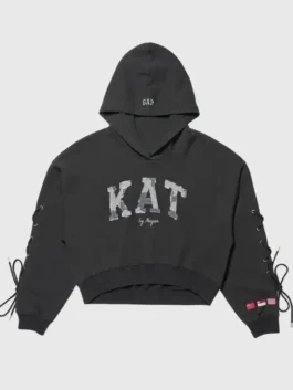 Gap x Katseye Megan Hoodie in black fleece with a relaxed hood, ribbed finish, and clean pullover style