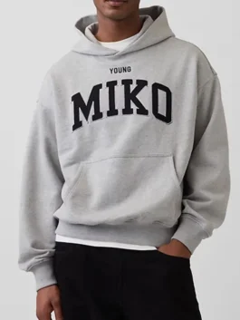 Gap Young Miko Heavyweight Logo Hoodie with grey fleece texture, pullover shape, and casual streetwear style