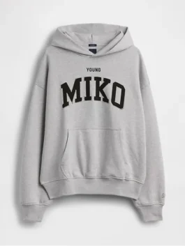 Gap Young Miko Heavyweight Logo Hoodie front view in grey fleece with logo detail and relaxed hooded style