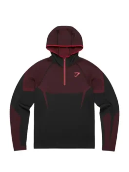 Gymshark Onyx 5.0 Seamless Hoodie red front view with half zipper, hooded collar, and athletic fit