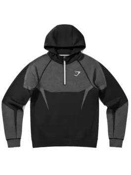 Gymshark Onyx 5.0 Seamless Hoodie in grey with hooded collar, half zip front, and sleek gymwear fit