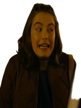 Off Campus Hannah Wells Brown Jacket in quilted brown fabric with ribbed collar and clean TV series styling