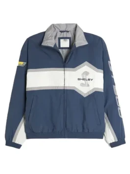 Front angle view of Hollister Shelby McLaren blue racing track jacket with zipper closure