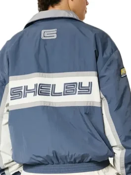 Back detail view of Hollister Shelby McLaren Track Jacket with Shelby racing graphics in blue and white