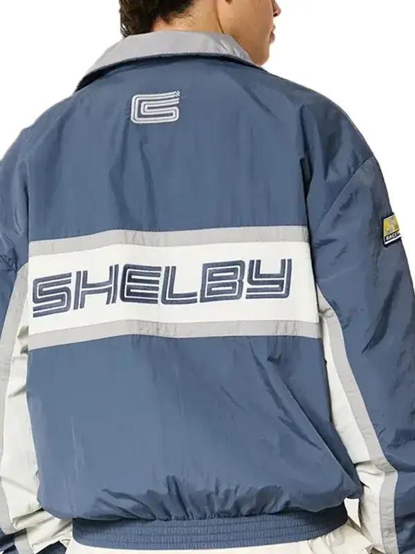 Back detail view of Hollister Shelby McLaren Track Jacket with Shelby racing graphics in blue and white