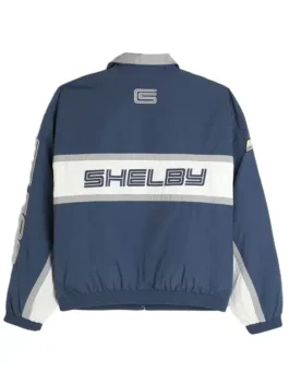Front flat view of Hollister Shelby McLaren Track Jacket with blue parachute shell and racing graphics