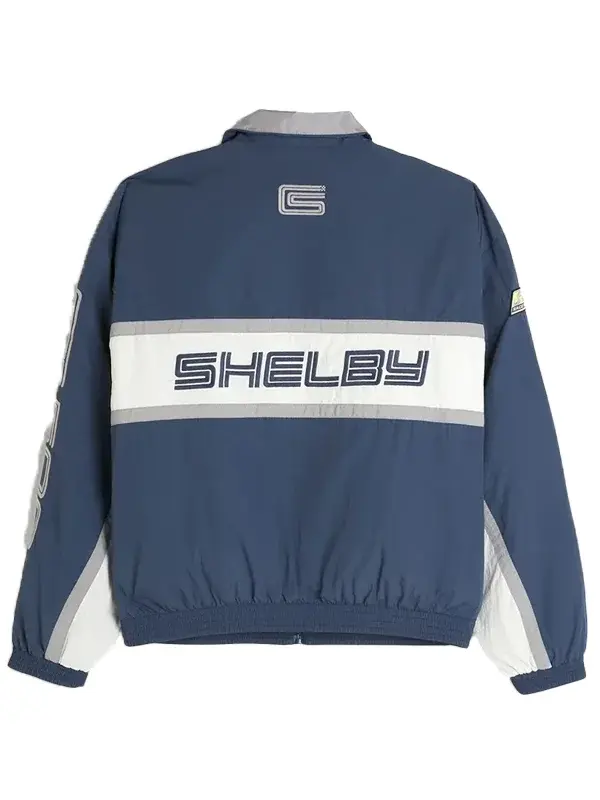 Front flat view of Hollister Shelby McLaren Track Jacket with blue parachute shell and racing graphics
