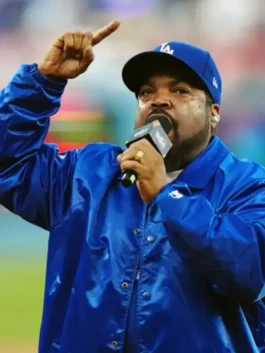 Ice Cube Los Angeles Dodgers Jacket with blue satin finish, shirt collar, and relaxed sporty fit