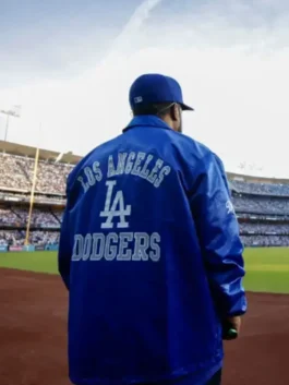 Ice Cube Los Angeles Dodgers Jacket back view with smooth blue satin and clean rear sportswear shape