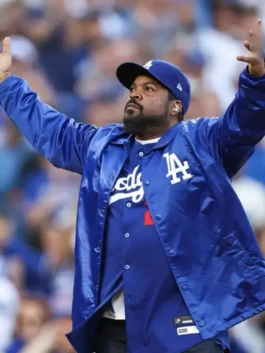 Ice Cube Los Angeles Dodgers Jacket in blue satin with snap button closure and classic fanwear style