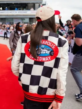 Tailored black and white Caitlin Clark Indianapolis Racing Jacket crafted from warm wool fabric and snug rib-knitted cuffs.